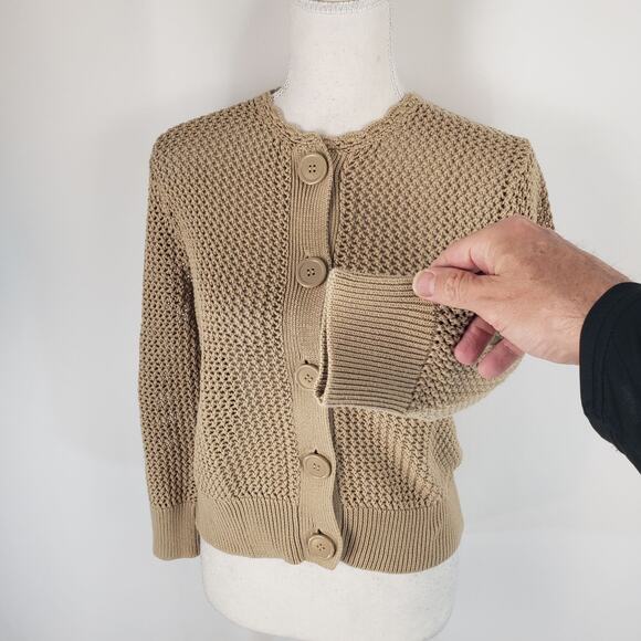 Pointelle Tan Button Up Open Mesh Knit Long Sleeve Crochet Neck Crop Cardigan XL - Picture 8 of 12